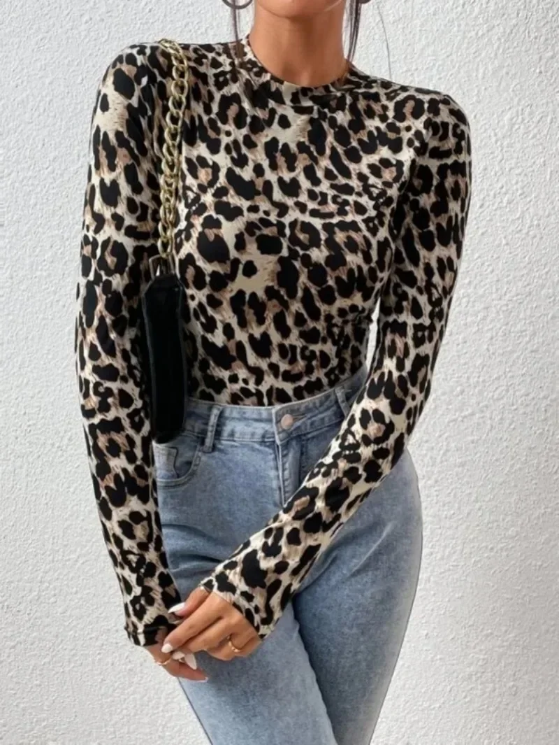 Leopard Print Bodysuit for Women - Sexy Tight Long Sleeve Stand Collar Top