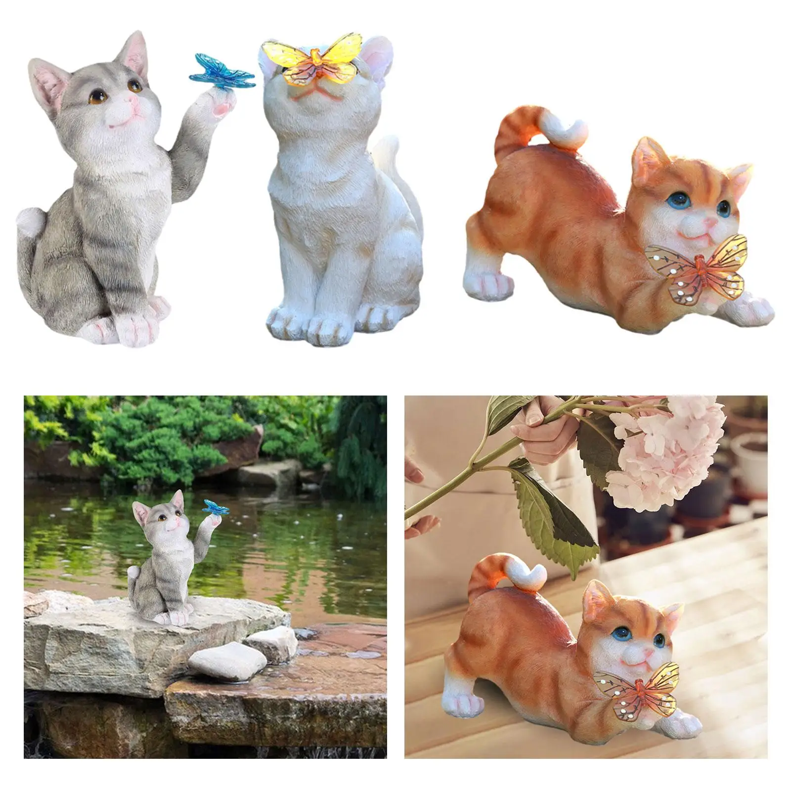 Garden Cat Statue Butterfly Solar Light Decorative Realistic Resin Painted Figurine for Landscape Patio Porch Backyard Lawn