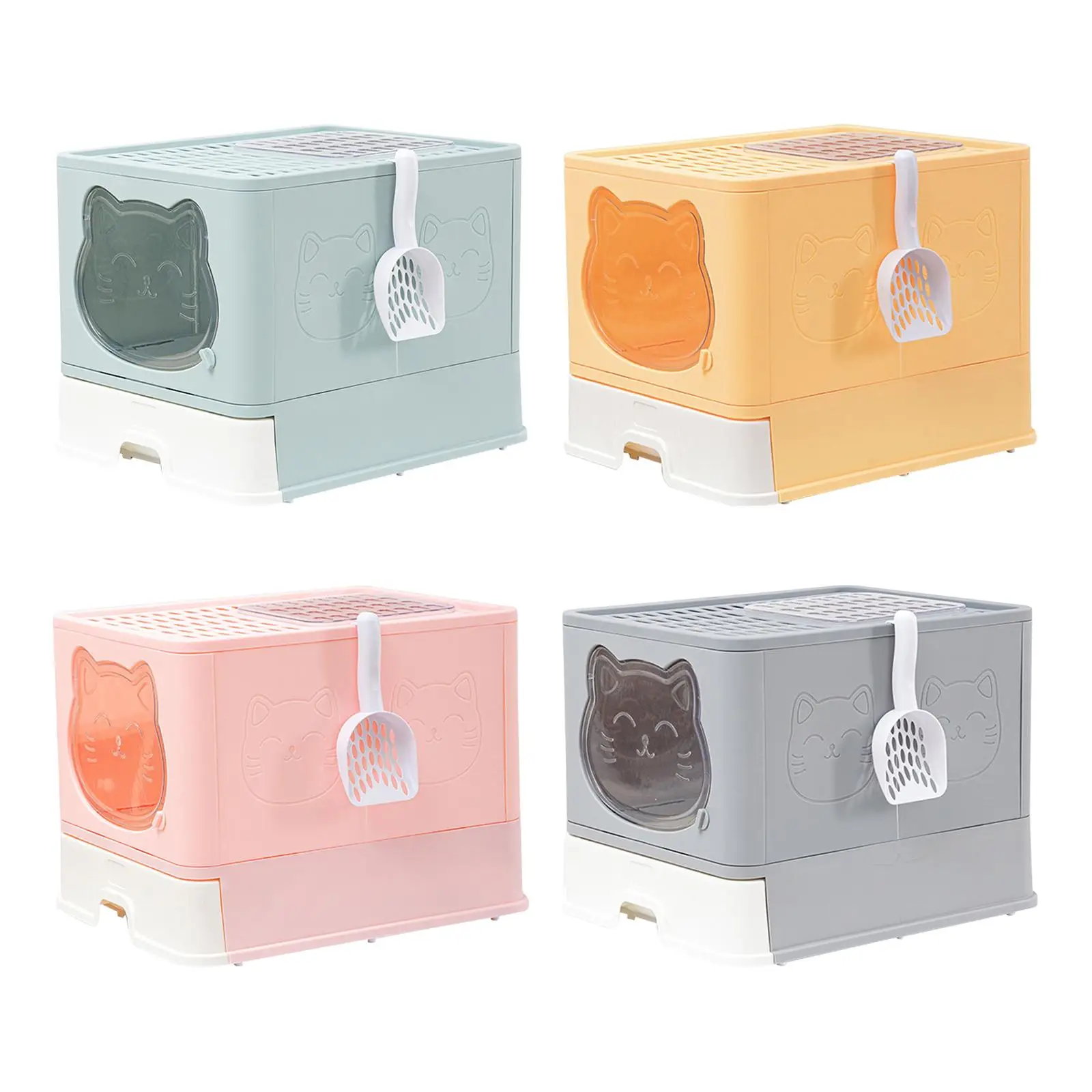 Large Cat Litter Box Collapsible Drawer Type with Lid Front and Top Entry