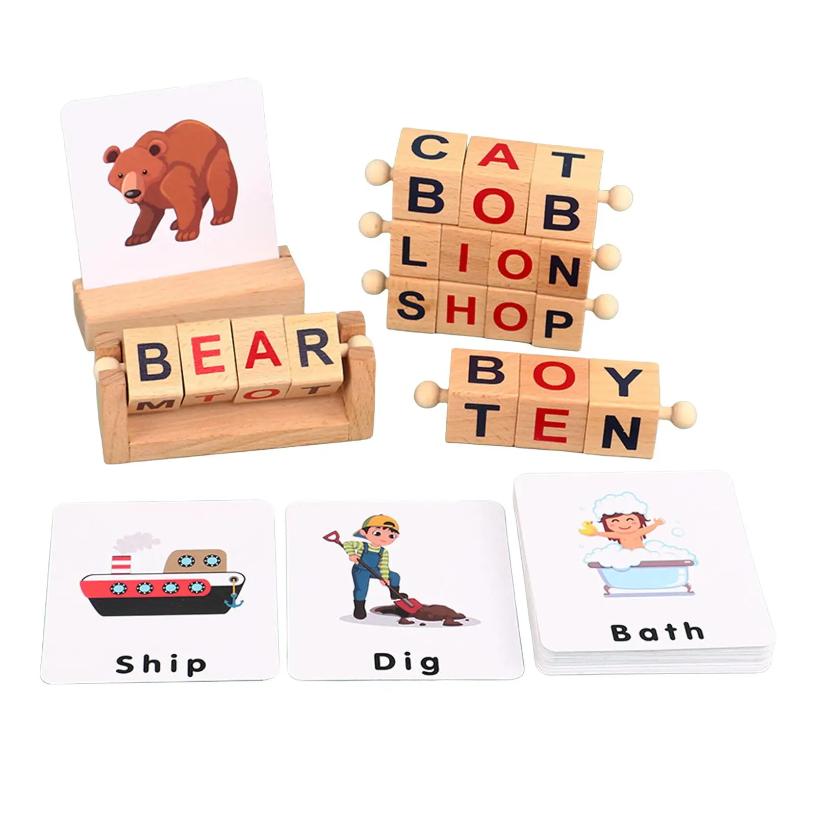 Wooden Reading Block Turning Rotating Early Learning Toy Durable Short Vowel Rods for Toddlers Christmas Children`s New Year