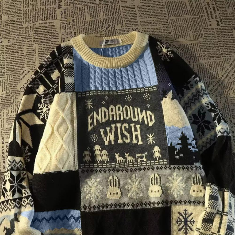 Description Picture 6 of itemColor-blocked Men Sweater Lightweight Long Sleeve Sweater Men's Retro Christmas Snowflake Print Knitwear Thickened for Autumn