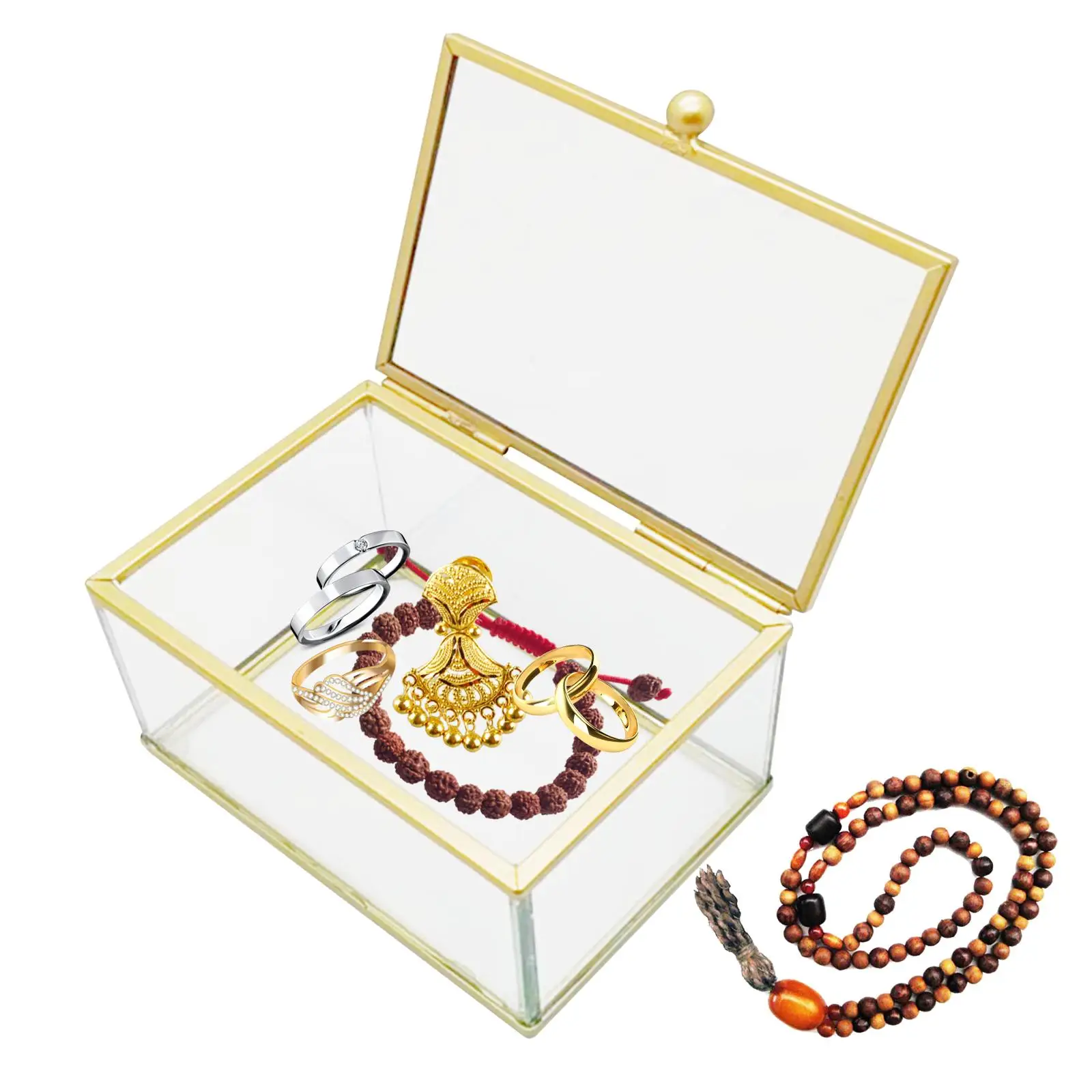 Glass Jewelry Box Keepsake Box Necklace Bracelets Metal Frame for Wedding