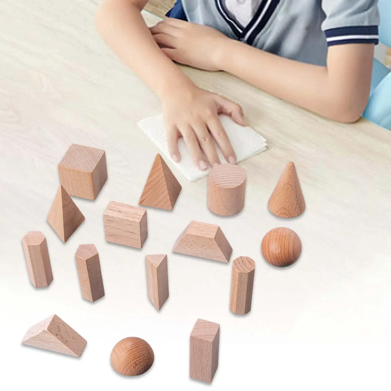 15 Pieces Wood Geometric Solids Educational Toy 3D Shapes Montessori Toys Stacking Toy for Babies Toddler Ages 2+ Kids