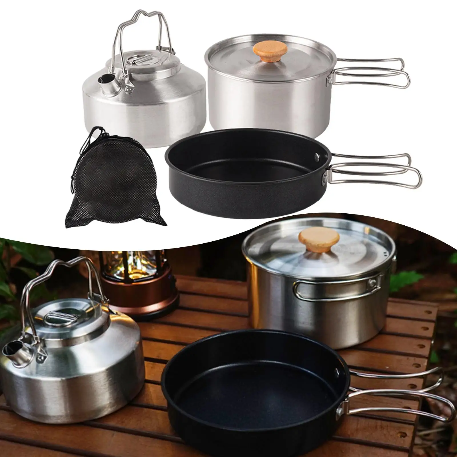 4 in1 Camping Cookware Set Stainless Steel Fry Pan Pot Kettle Cook Set Folding Cooking Set for Outdoor Hiking Picnic Fishing