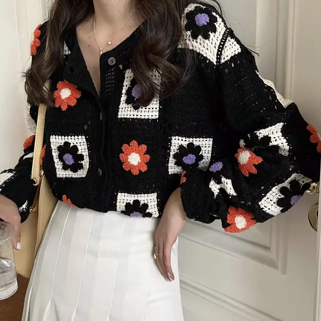 2022 Fall Women's Crochet Cardigans Multicolor Y2k Vintage Knitted Sweaters  Long Sleeve Loose Coats Warm Sweaters 3 Colors - Cardigan - AliExpress