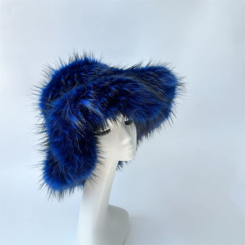 Harajuku Girls Sweet Cute Pink Wide Brim Floppy Furry Shag Hat Women Winter Y2k Fashion Fuzzy Festival Faux Fox Fur Bucket Hats