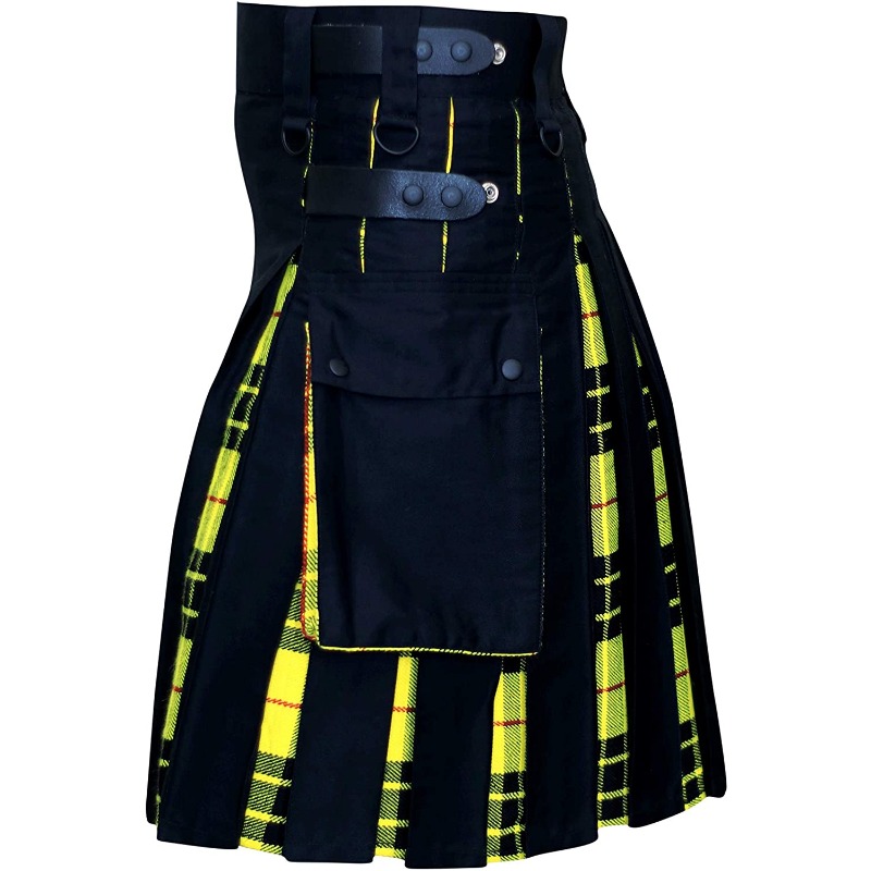 Kilts-Männer Plus Size Scottish Hybrid Black Cotton & Tartan Utility Kilts mit Lederriemen Kilts für Männer – Detail 8