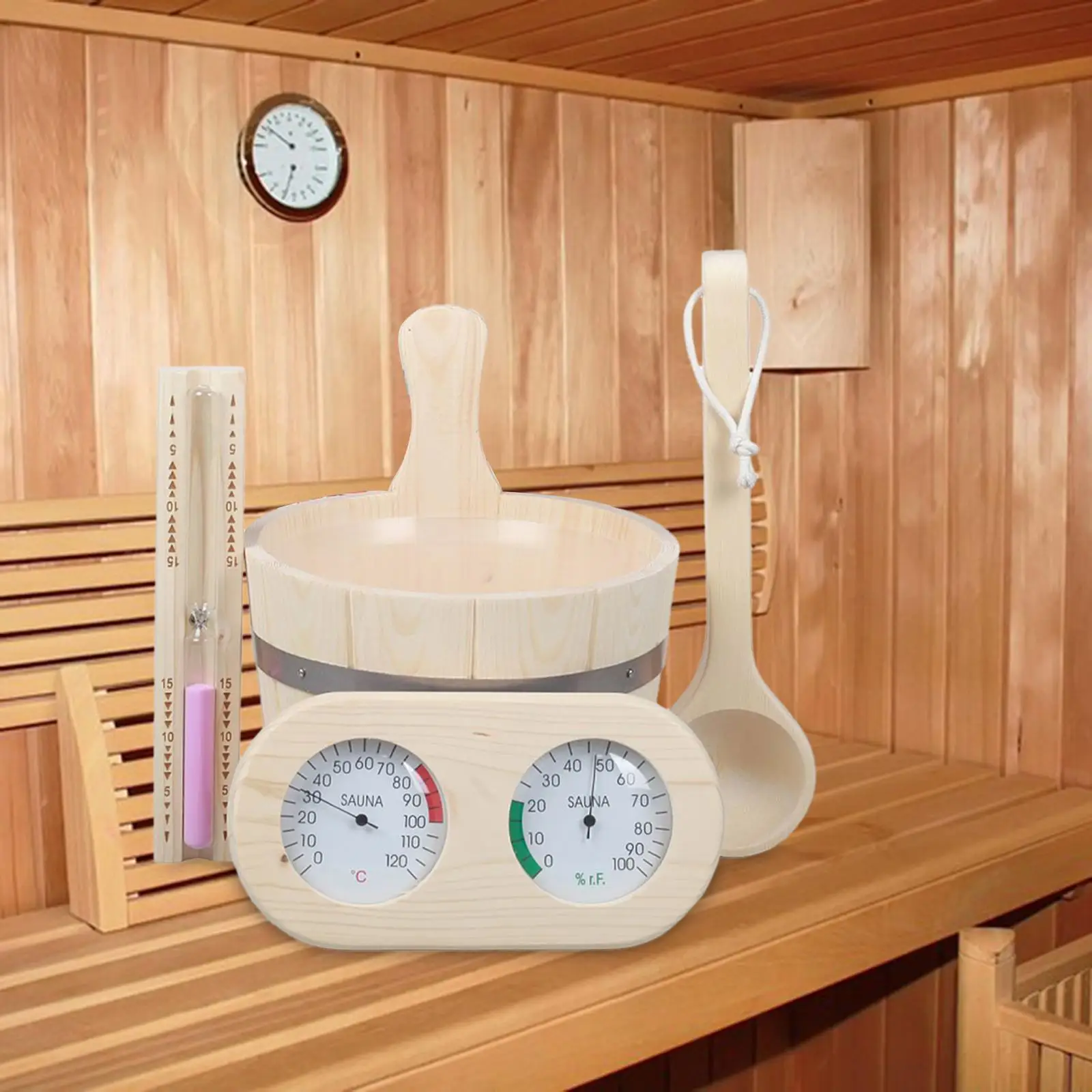 5 Pieces Sauna Accessory Set Handmade Sauna Thermometer Sauna Bucket and Ladle Set Hourglass for Sauna Steam Room Bathroom SPA