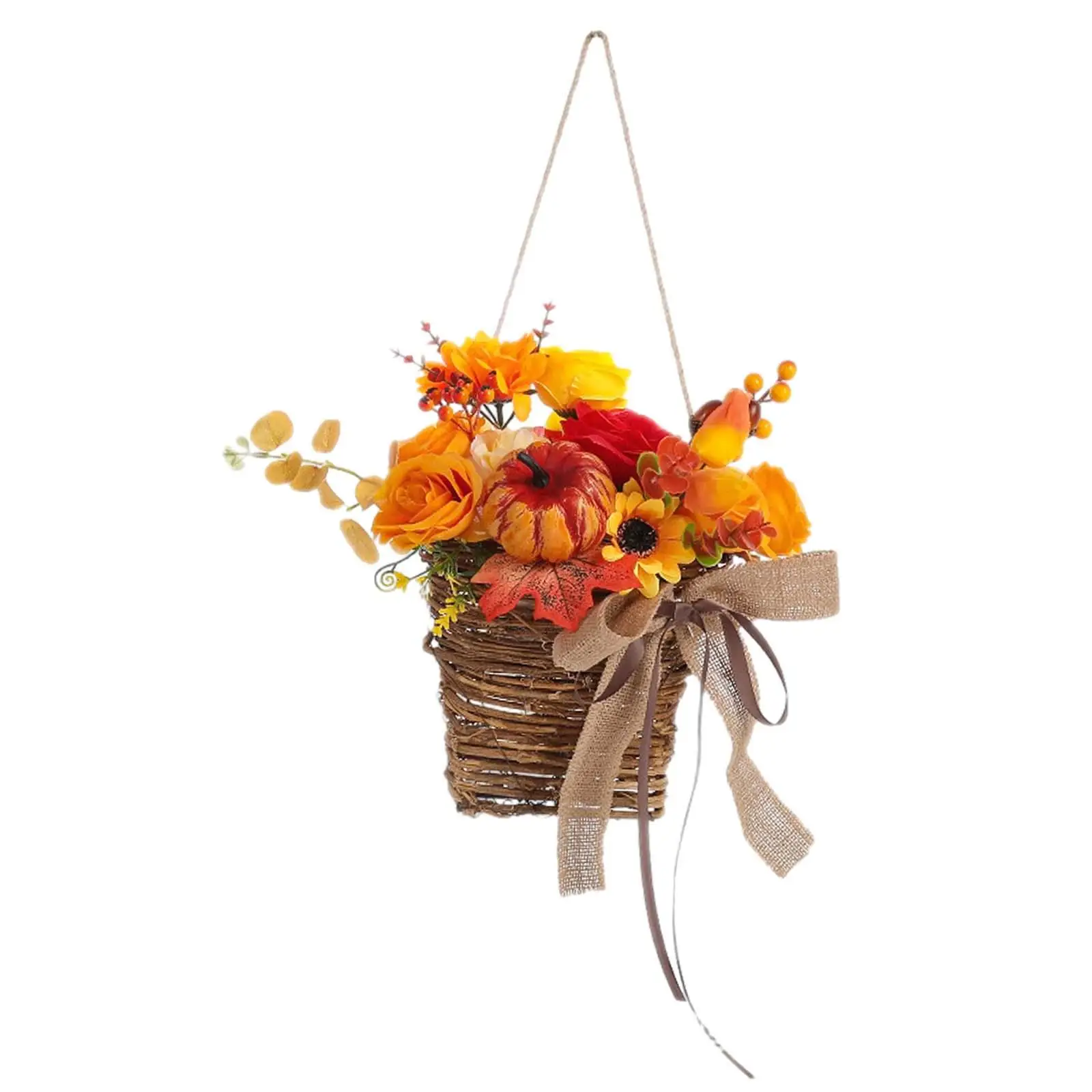 Artificial Fall Flower Basket Ornament Lifelike Autumn Flower Basket Hanging for Thanksgiving Holiday Halloween Farmhouse Party