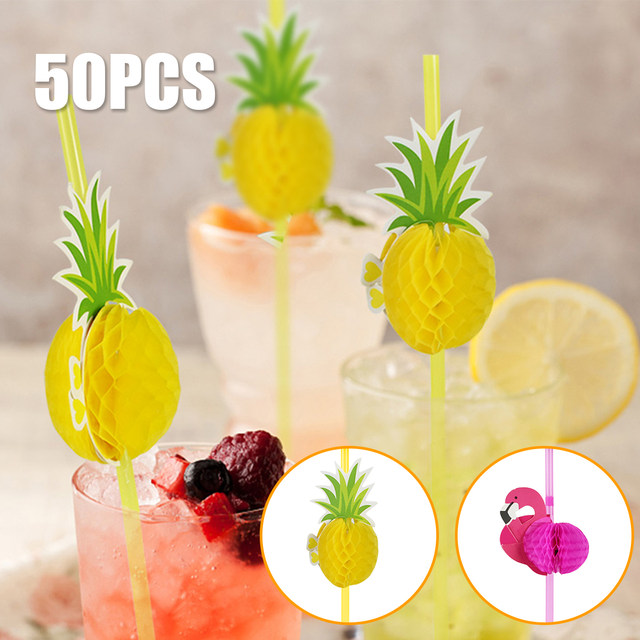 Pailles à Cocktail En Papier Ananas 3D - Lot De 50 Pour Fêtes Et Anniversaires