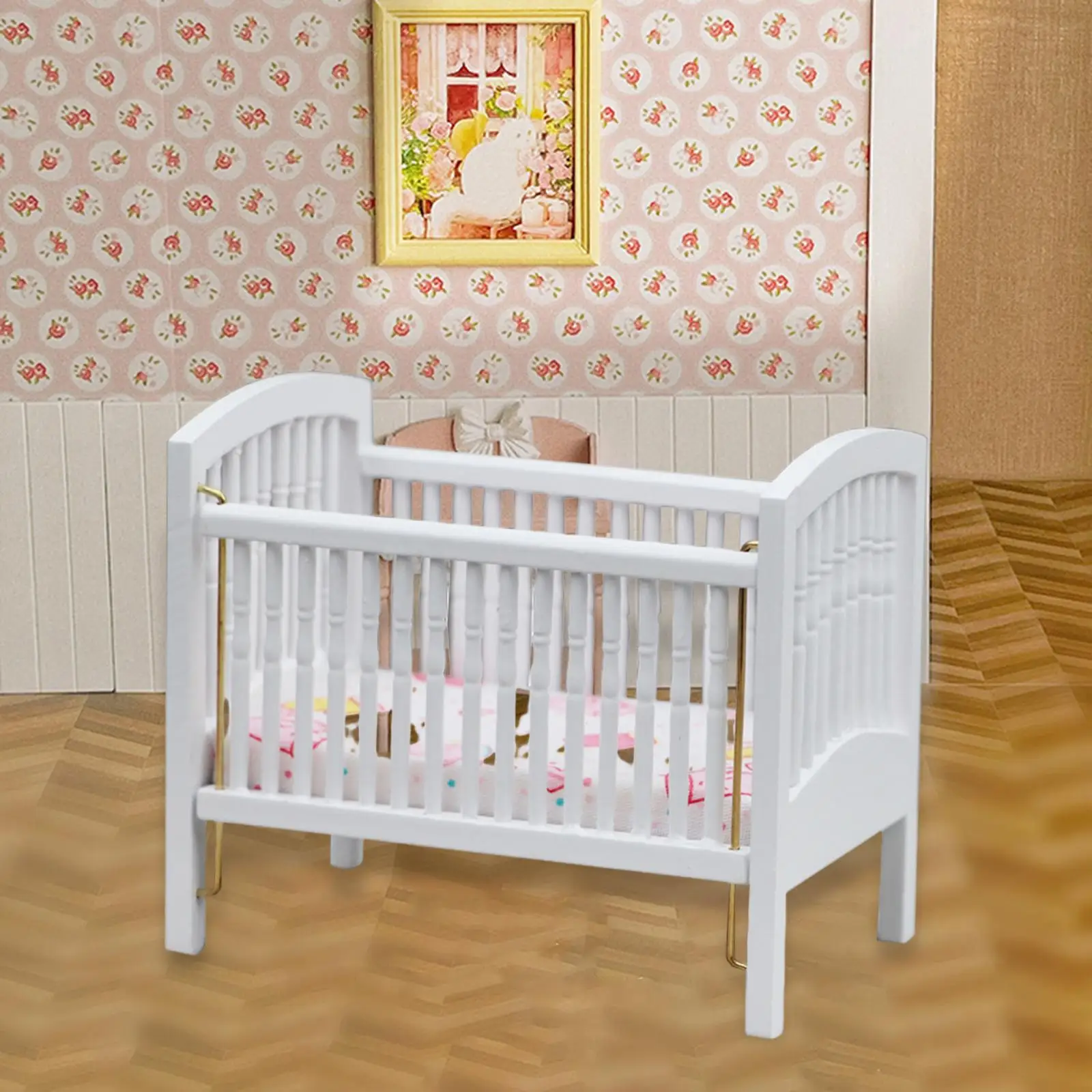 1: 12 Mini Wooden Crib with Mattress Ornaments Doll Accessories Decoration