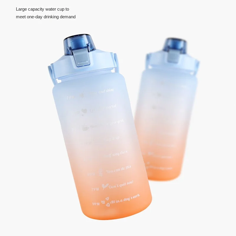 2L Large Capacity Water Bottle Straw Cup High Temperature Plastic Water Cup Time Scale Frosted Outdoor Sports Student Couple Cup