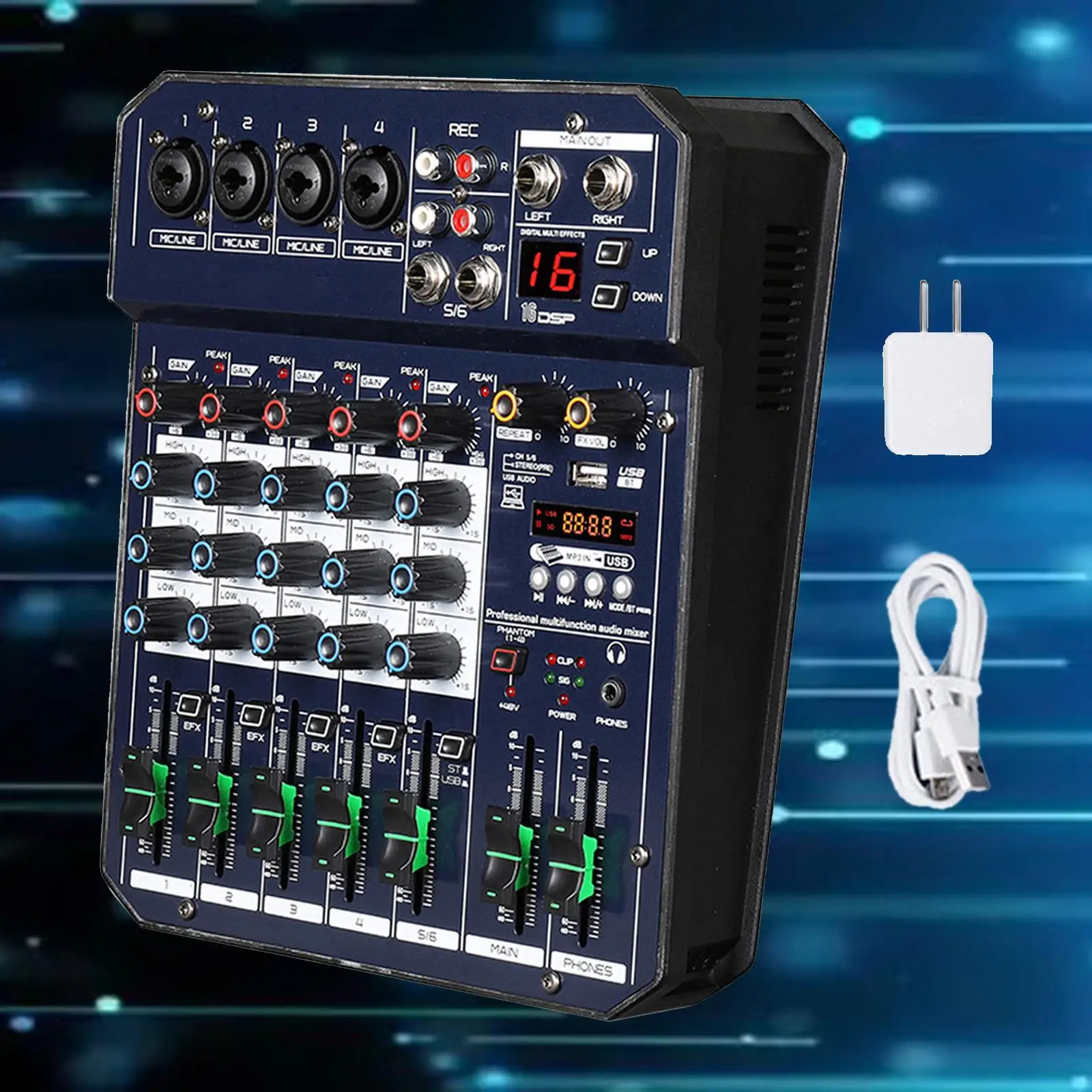 Audio Mixer 48V power Console System Low Noise with 16 Sound Effects Sound Mixer Board for Recording Karaoke DJ