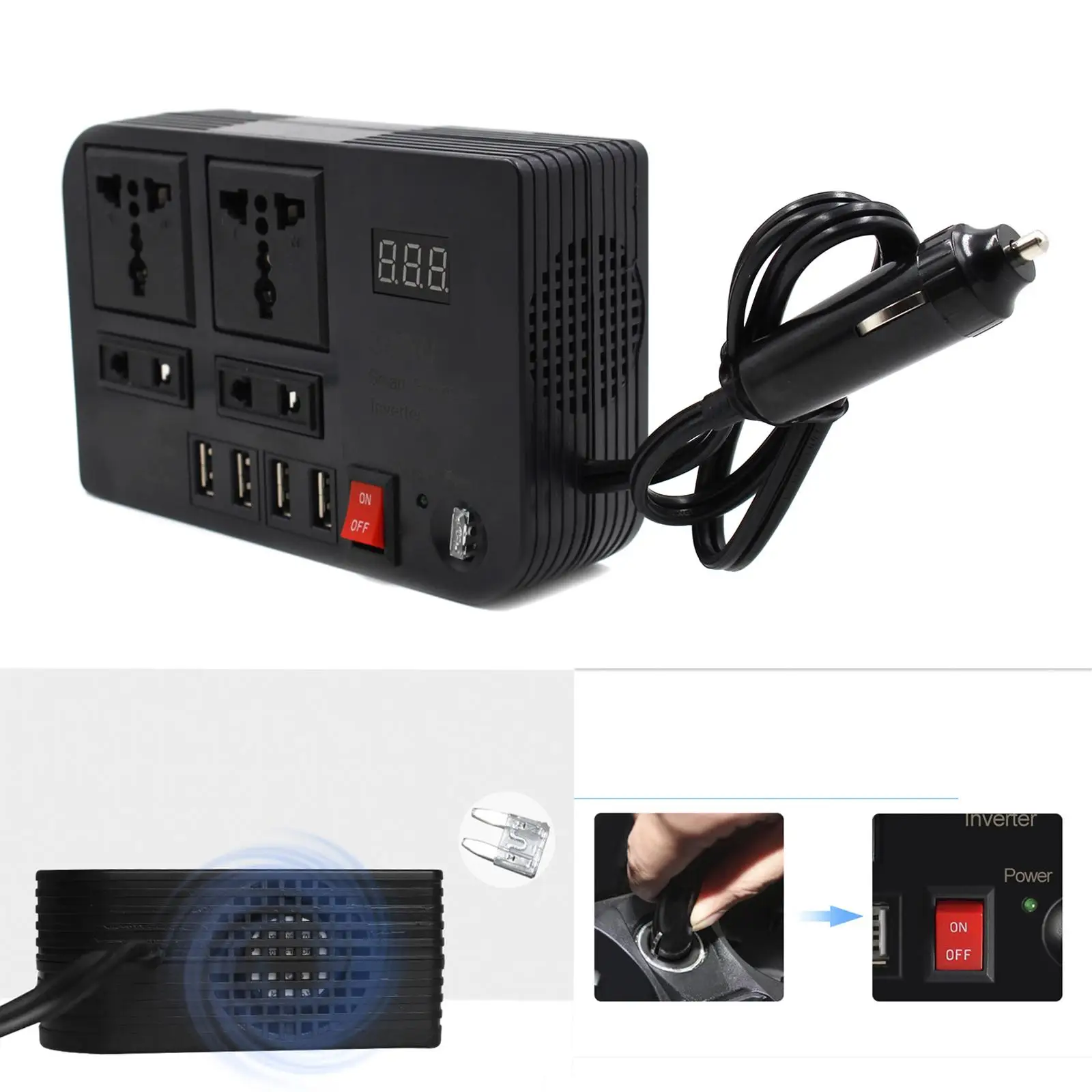 300W Car Inverter Inversor DC 12V to AC 220V Car Cigarette Lighter Power Adapter Converter Splitter 4USB Charger Fast Charging