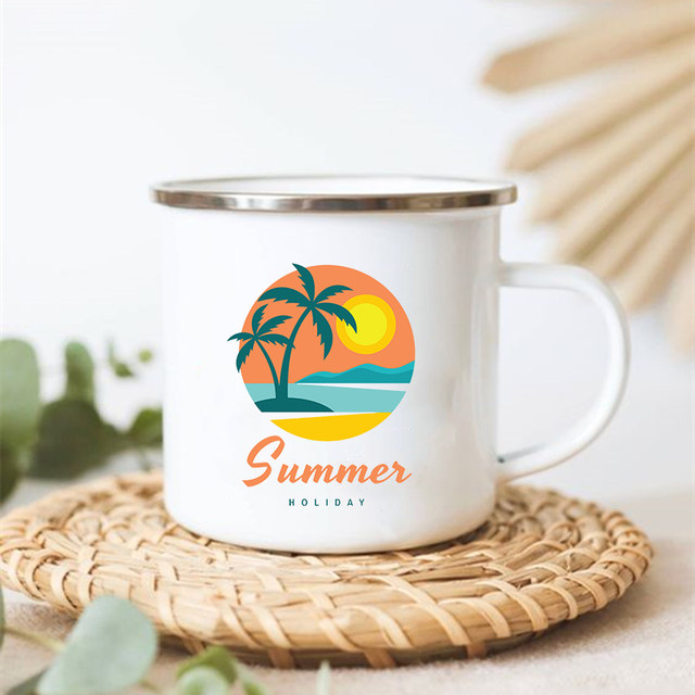 Coconut Tree Printed Camper Mugs Camping Enamel Mug Adventure