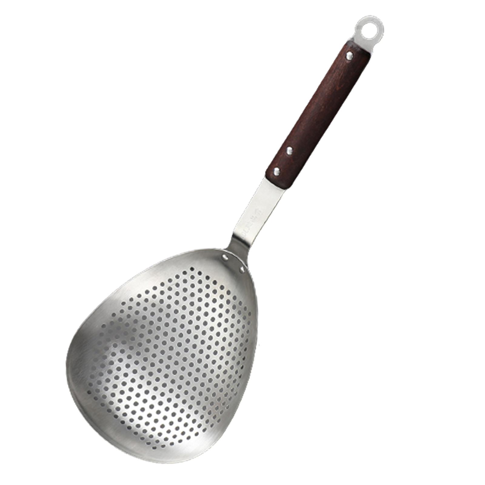 Professional Skimmer Slotted Spoon with Wooden Handle Comfortable Grip Cooking Colander Spoon for Pasta Frying Dumpling Noodles