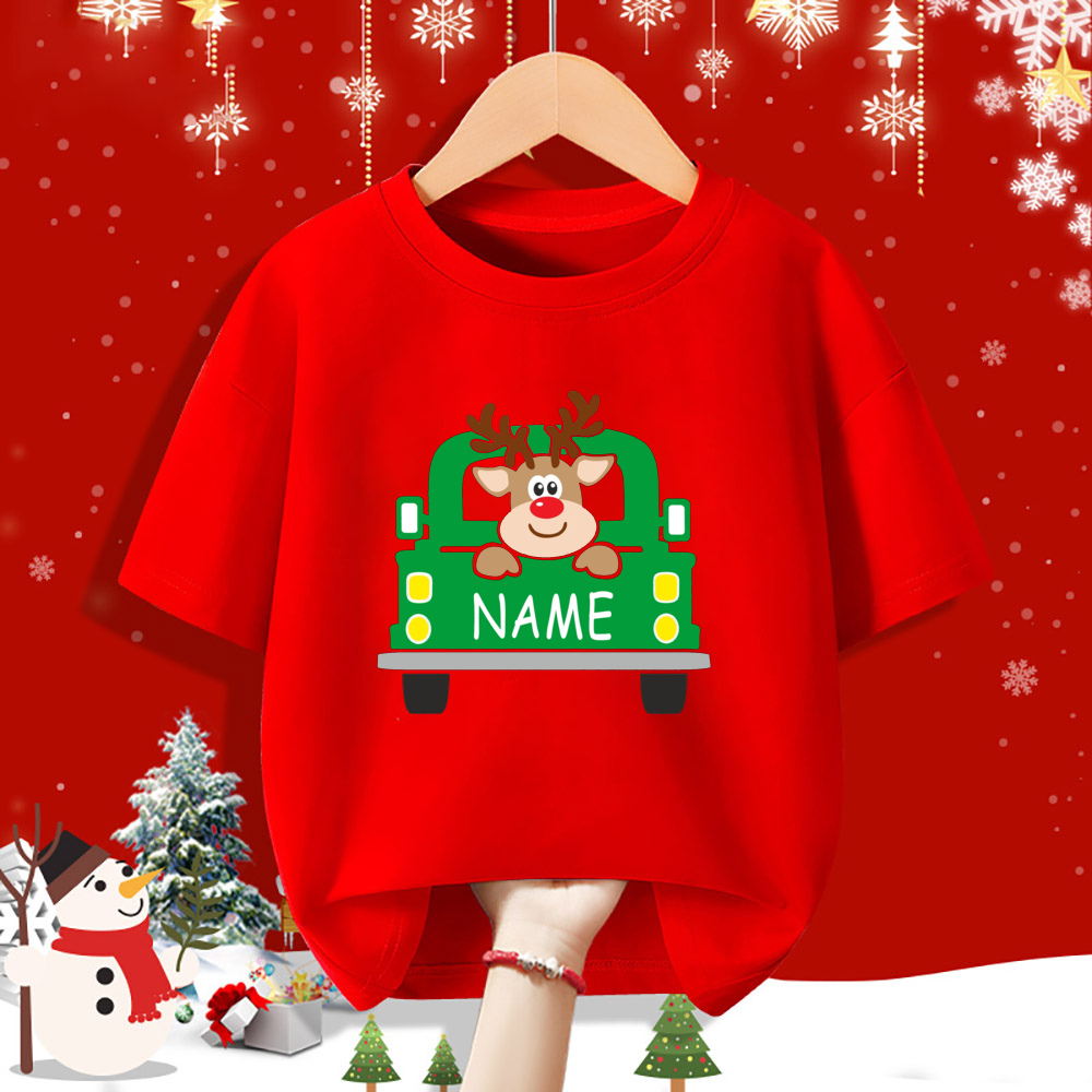 Personalisiertes Kind Weihnachten Rotes Hemd Hirsch Name Kind Kurzarm Kleidung T-Shirt Geschwister Passendes Weihnachtsoutfit Kinder T-Shirts – Detail 11