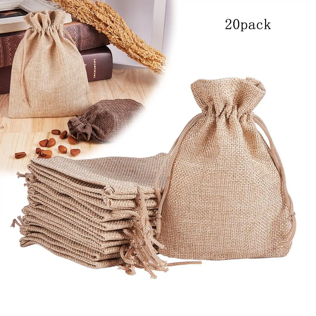 Set of 20 Natural Burlap Bags with Drawstring, Reusable Linen Pouches, Perfect