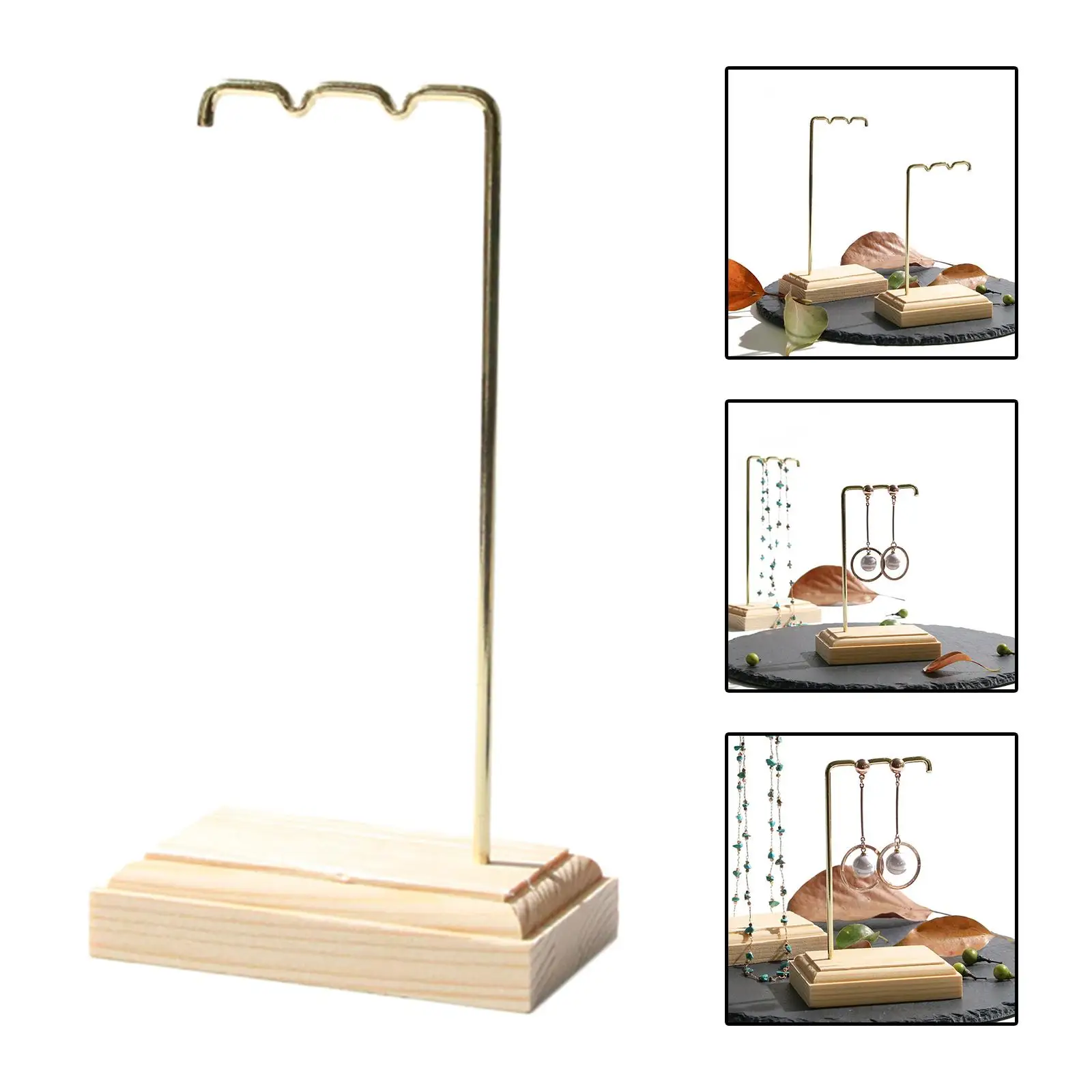Jewelry Display Stand Necklaces Pendant Hanging Rack, Space Saving Golden Metal and Wood Base