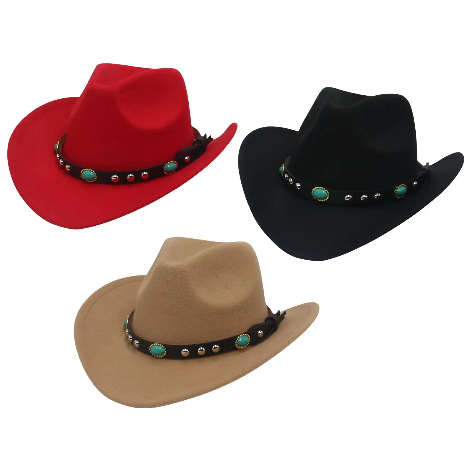 Unisex Felt Western Cowboy Hat Wide Brim Sunhat with Belt Buckle Photo Props Panama Cowgirl Hat for Adults Summer Beach Outdoor