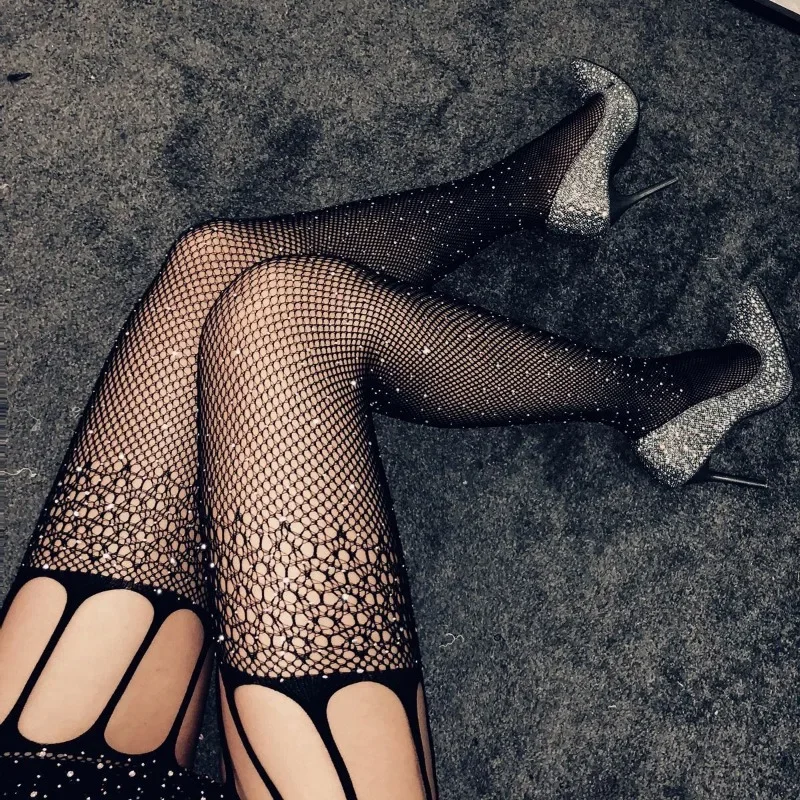 Description Picture 6 of itemHot Drilling Bodysuit Erotic Lingerie Women Fishnet Sexy Stockings With Belt Rhinestone Pantyhose Black Mesh Crotchless