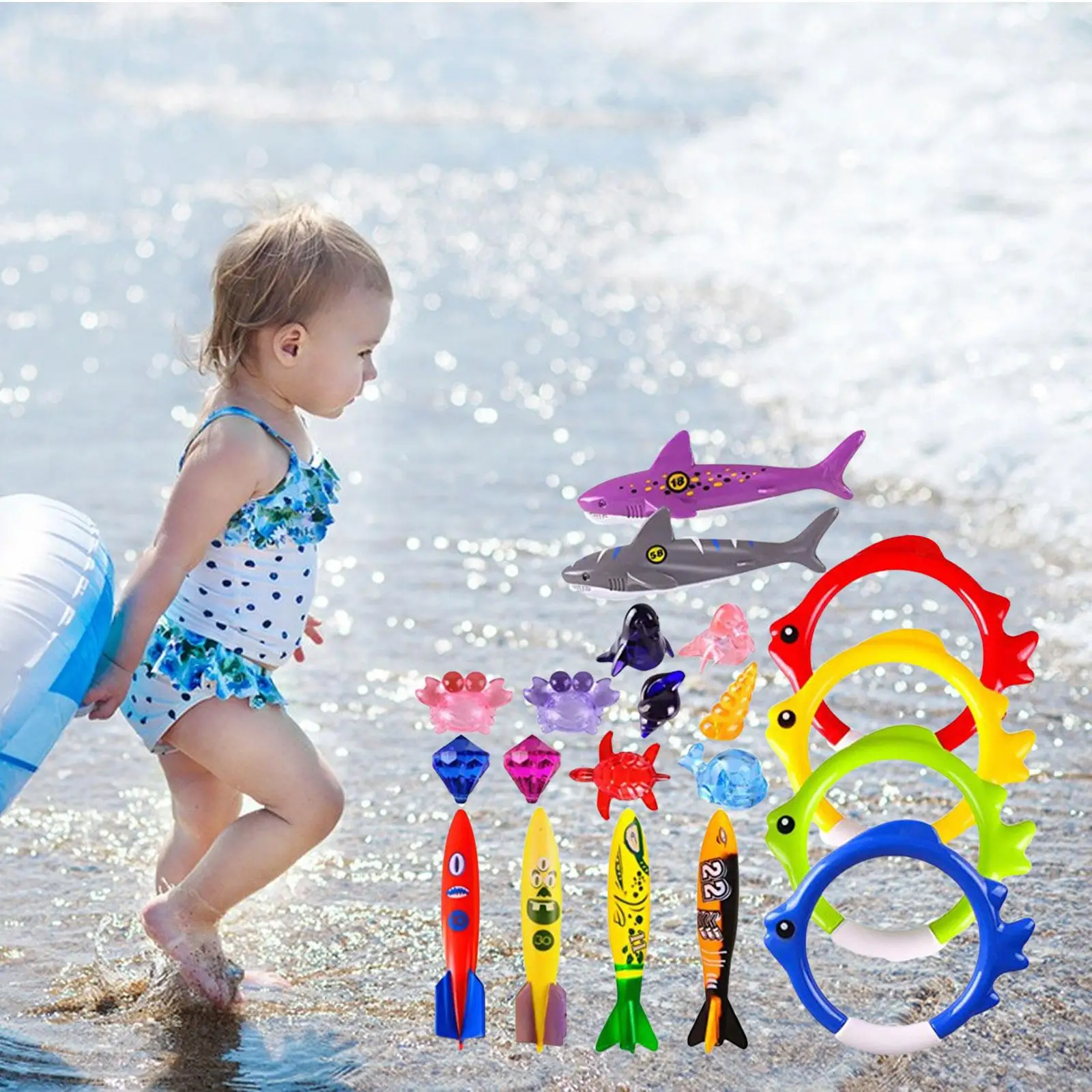 20 Pieces Fun Swim Games Sinking Set Gems Shark Rings Toddler Pool Toys Underwater Swimming Pool Toys for Kids 8-12