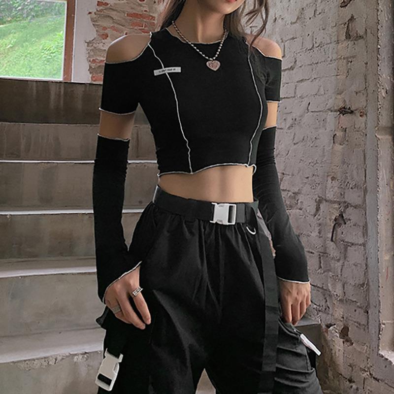 retalhos preto gótico um ombro manga colheita topos hip hop techwear roupas femininas camisetas gráficas harajuku