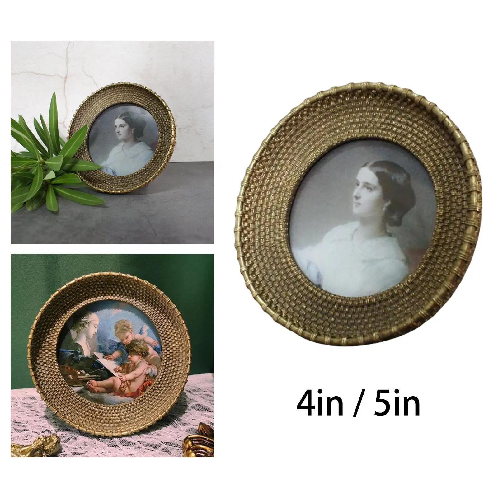 Photo Frame Decor Vintage Elegant Retro Gift Rustic Rattan Pattern Round Picture Frames for Living Room Wall Hanging
