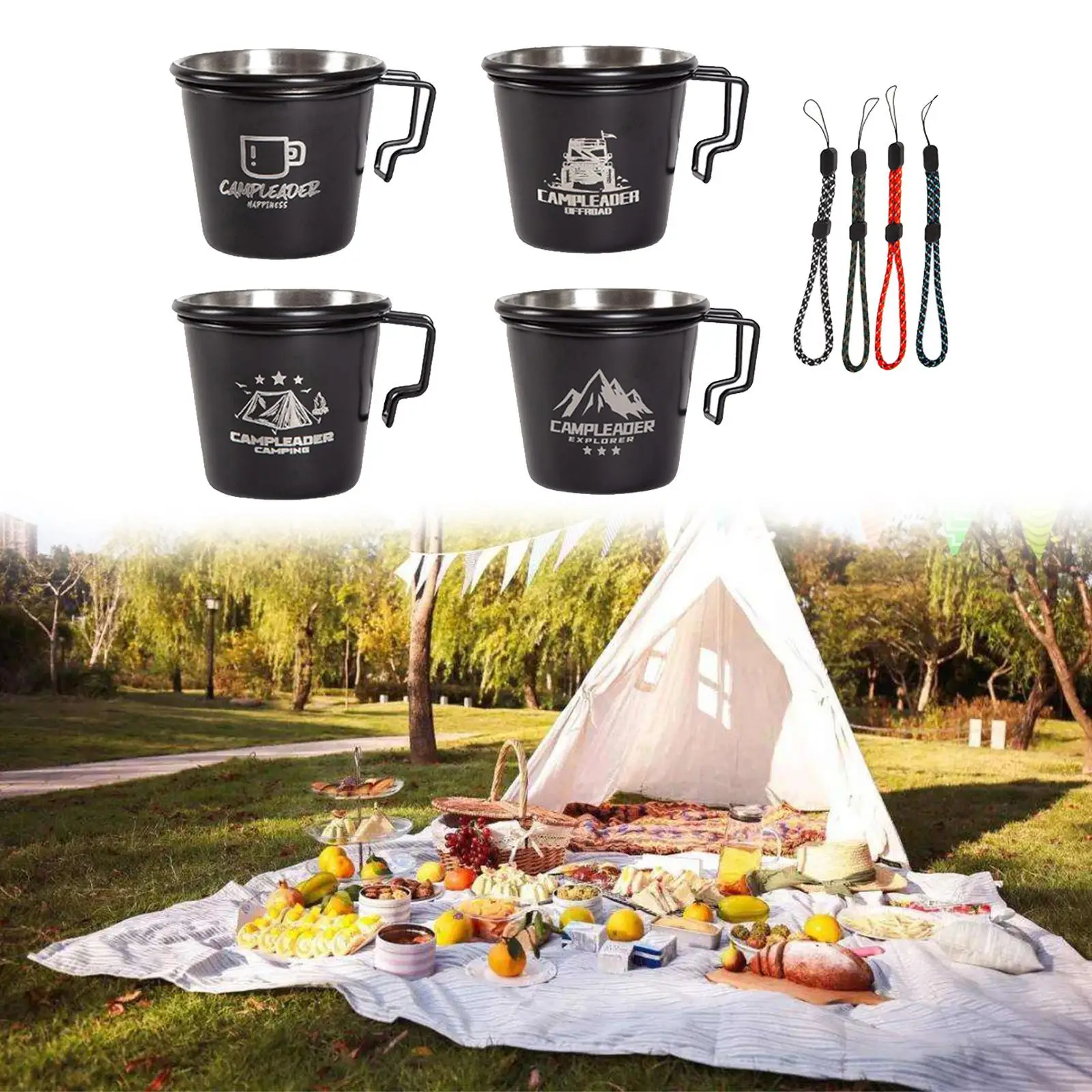 4pcs Outdoor 304 Stainless Steel Milk Cups w/ Hanging Rope Drinking Mugs for Camping Picnic BBQ Fishing Backpacking Hiking