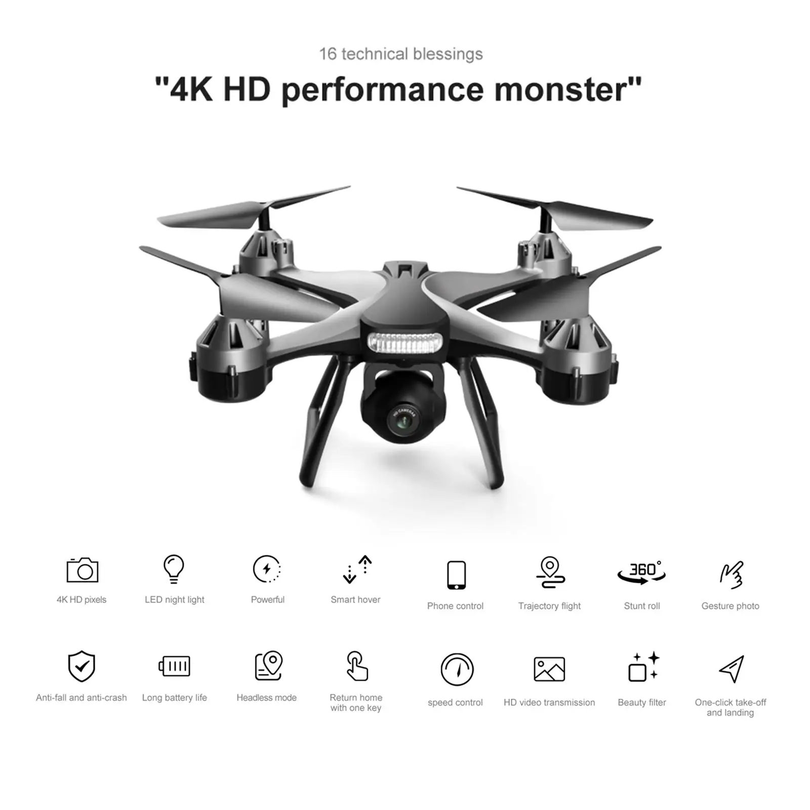RC Drone Quadcopter 2000mAh Battery 300 meters Remote Distance Kids Adults Gifts Black