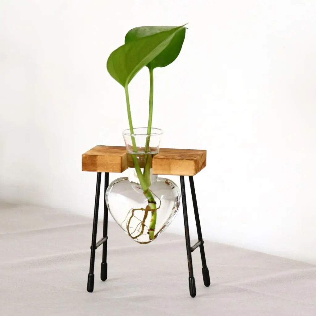  Shape Glass Hanging Vase Plant Pot with Wooden Stand Flower Heimwerken Table Wedding Garden Decor