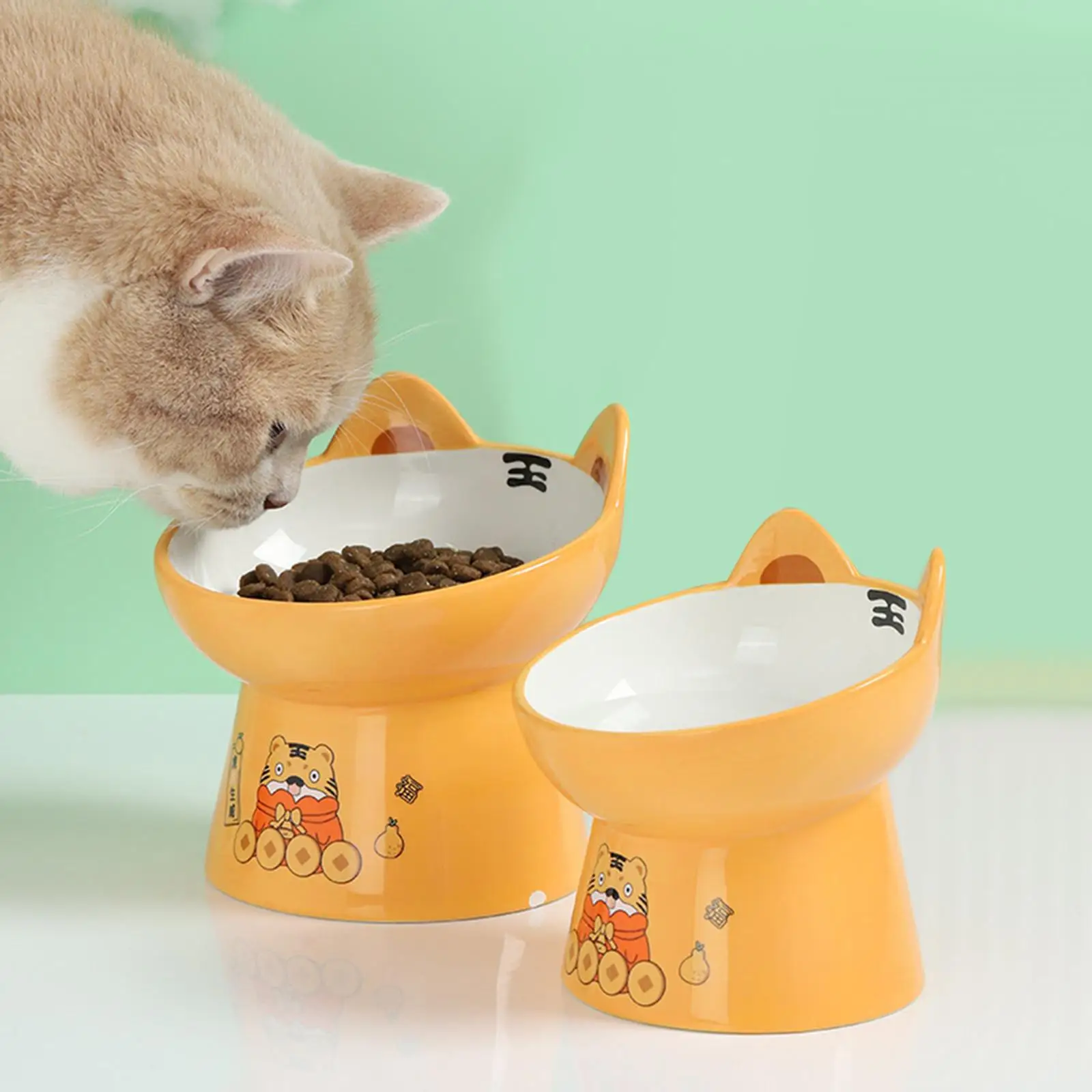 Ceramic Cat Bowl Cleaning Safe Tiger Shaped Cat Dishes Protect Cat`Spine Elevated Pet Food Bowls for Cat Small Dogs