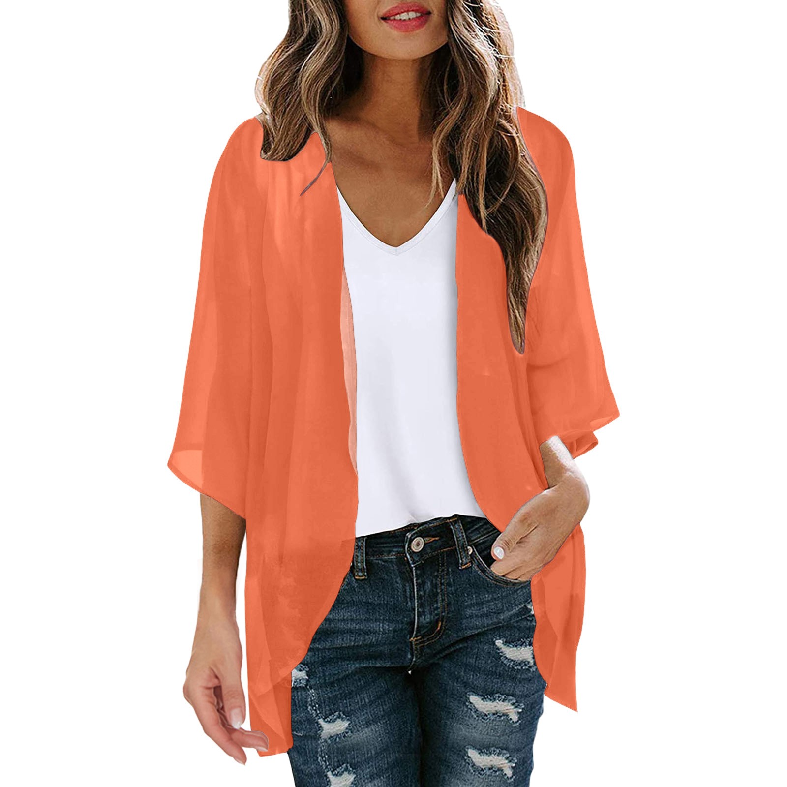S35c1850c05e44bbe8c475d82075d2f490 Womens Solid Elegant Puff Sleeve Chiffon Blouse Cardigan Loose Cover Up Casual Long Sleeve Tops Summer Plus Size Thin Tops