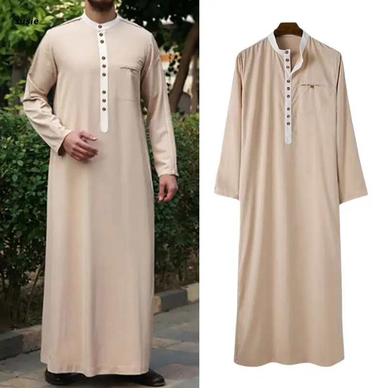 Muslim Robe White Yellow Men Caftan Long Sleeve Round Button Muslim Clothing Breathable Eid Middle East Jubba Thobe Gift