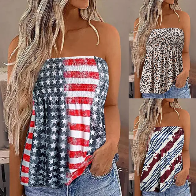Strapless Bandeau Tank Women Elastic Tank Top Casual Sleeveless Striped  Gradient Tube Tops Loose Off Shoulder Multicolor Summer Holiday Blouse