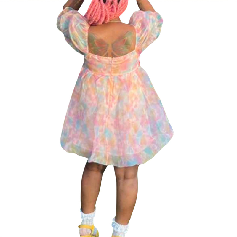 Fairy Mesh Dress y2k Women Aesthetic Gradient Color Puff Sleeve Princess Dress Square Neck Short Prom Party Dresses
