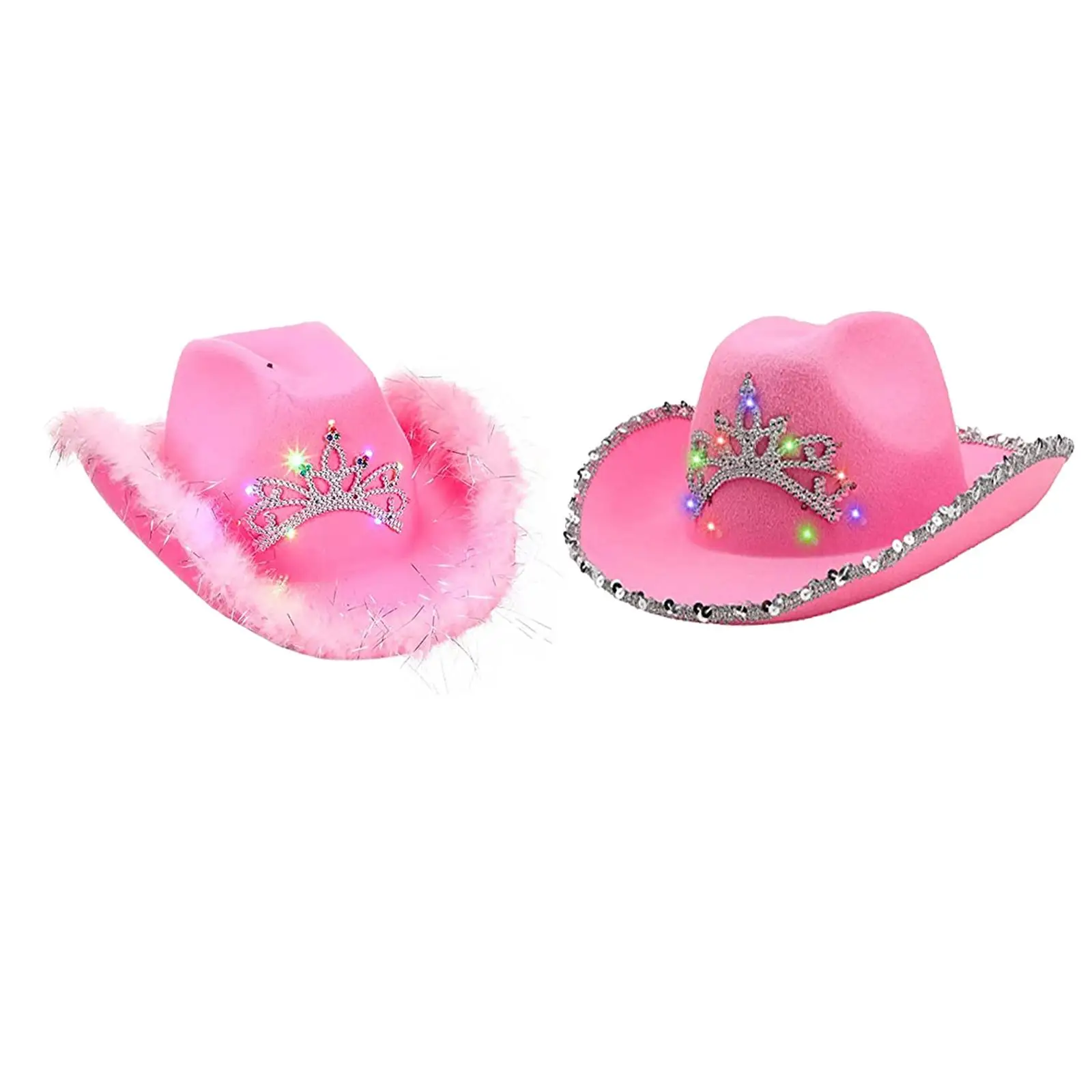 Western Style Pink Cowboy Hat Women`s Fashion Party Warped Wide Brim with Sequin Decoration Crown Tiara Cowgirl Hat