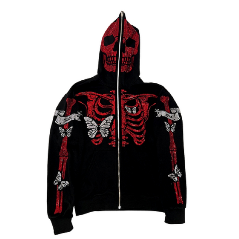 gótico grunge strass borboleta esqueleto impressão moletom punk zip up hoodie estética retro oversized casaco topo