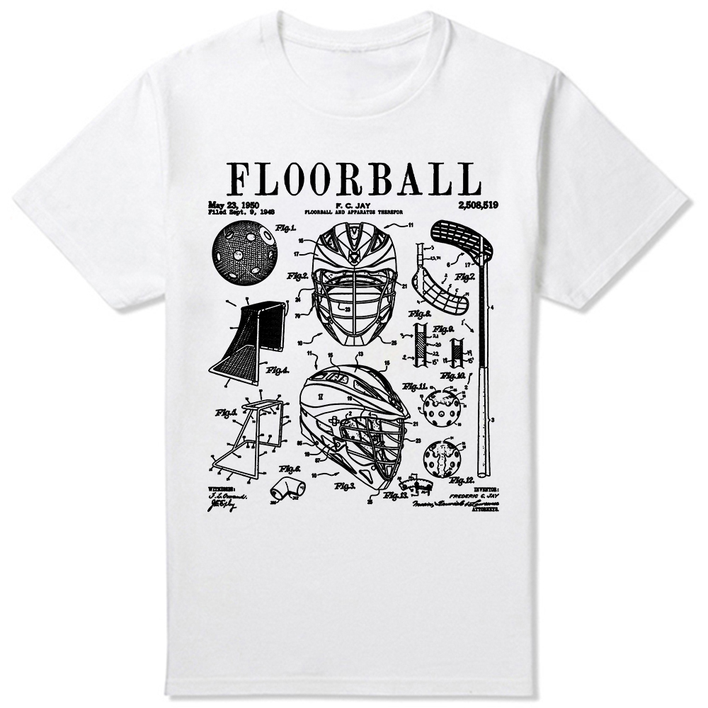 Floorball Spieler Stick Torwart Sport Vintage Patent Print T-Shirts Sommer Grafik Baumwolle Streetwear Kurzarm Geschenke T-Shirt – Detail 3
