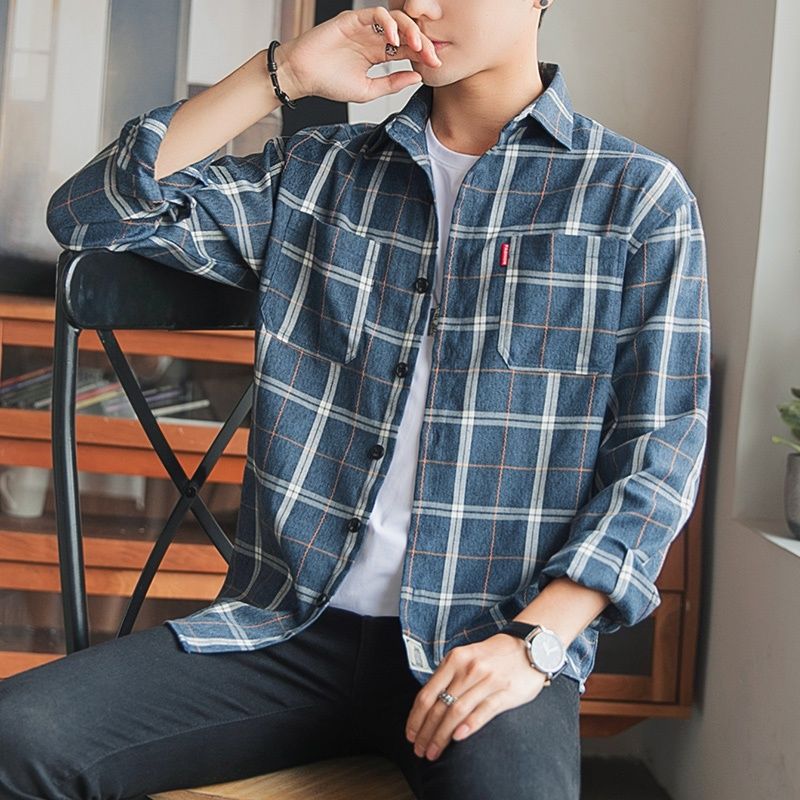 Long Sleeve Men's Shirt and Blouse Cargo Clothes with Pocket Plaid Male Top Luxury Button Aesthetic Sleeves Fashion 2024 Vintage