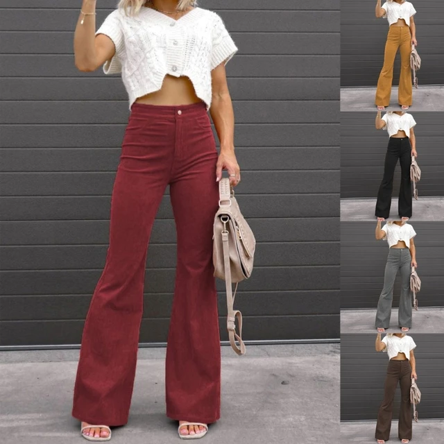 Women Corduroy Flare Pants Fashion Slim Fit Comfortable Solid Color Pocket  Casual Flared Pants Vintage Trousers
