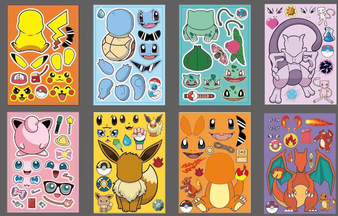 16 Blatt Pokemon Kinder Puzzle Anime Aufkleber Make-a-Face Montieren Lustige Cartoon Aufkleber Montieren Puzzle Kinder Junge Spielzeug geschenk – Detail 1
