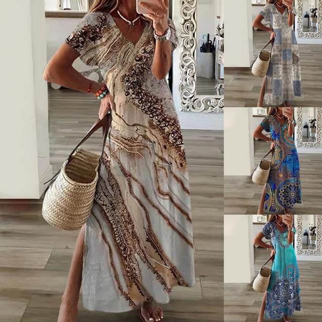 Abito Africano Donna Lungo Etnico - Stampa Boho Con Spacco | Poliestere | Per Festival E Vacanze