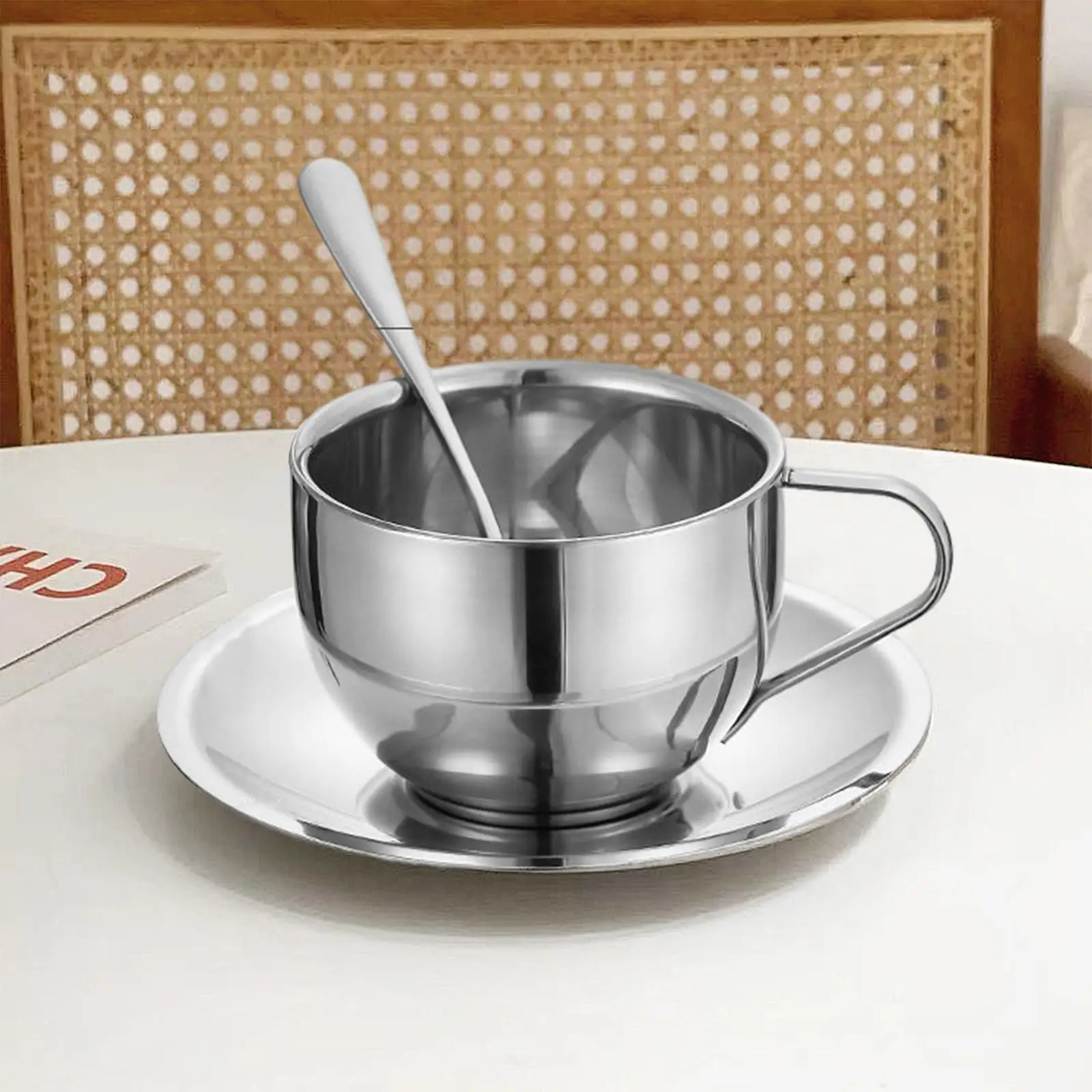 Stainless Steel Insulated Coffee Cup  Tea Milk Mug with Saucer Spoon Tableware Set