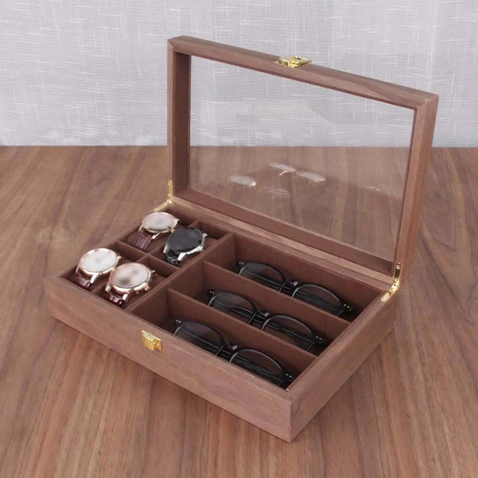 Wooden Watch Box Velvet Lining 4 Watch Case and 3 Slots Sunglasses Box Lockable Portable Display Case Jewelry Storage Men Women