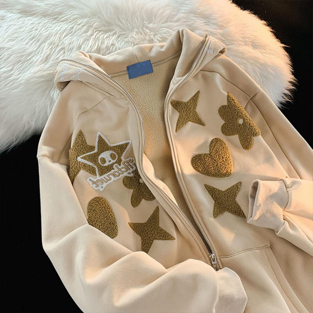 Zip Hoodie Women | New Style Cute Cartoon Beige Fleece Hoodie Women