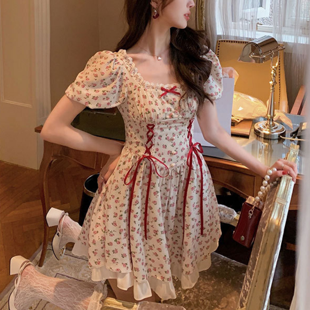 Women Cute Floral Dress Lace-up High Waist Corset Dress Cottagecore Puff Sleeve Square Collar - Image 7