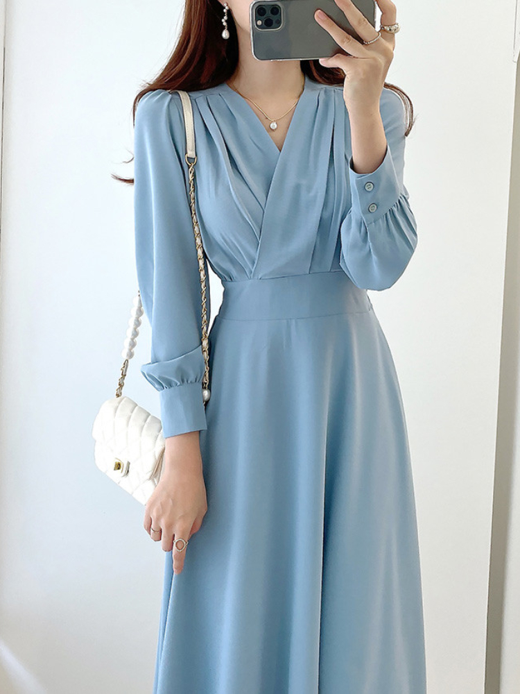 Jielur Harajuku V-neck Puff Sleeve A-line Maxi Dress Woman Solid Color Midi Robe Korean Office Dresses Elegant Spring Dress Lady