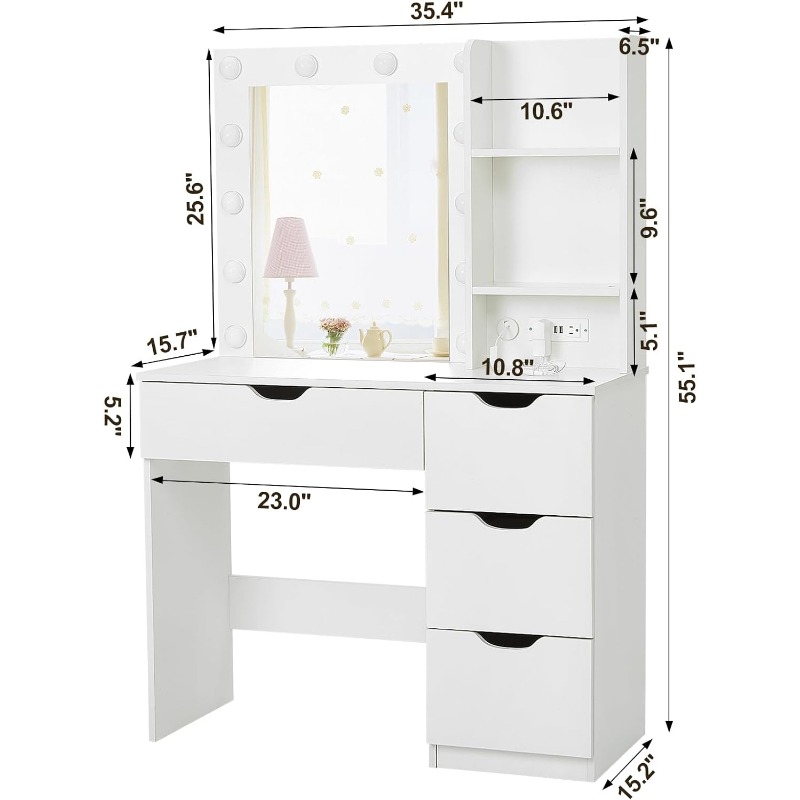 Description Picture 4 of itemGaoMon Makeup Vanity with Charging Station, Vanity Desk with 12 Bulbs, Storage Shelf