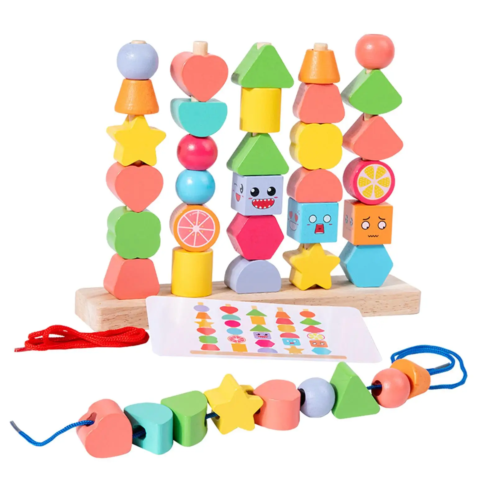 Wooden Beads Sequencing Toy Set Early Education Matching Shape Stacker Stacking Blocks for Children Kids Preschool Birthday Gift